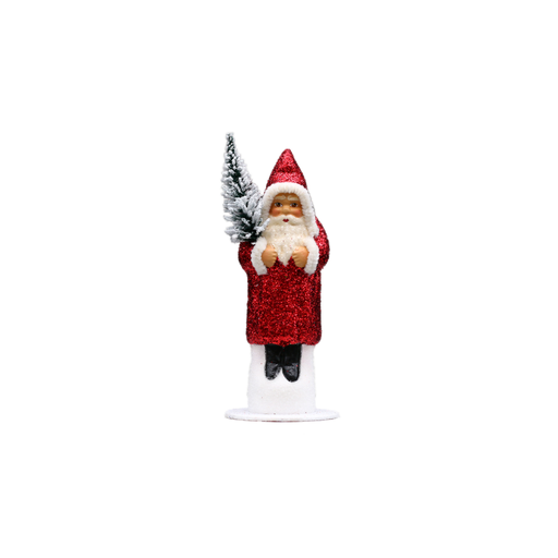 [15-rot] Papiermachéfigur Santa rot - mit Glitter und Chenille Rand (H: 15 cm)