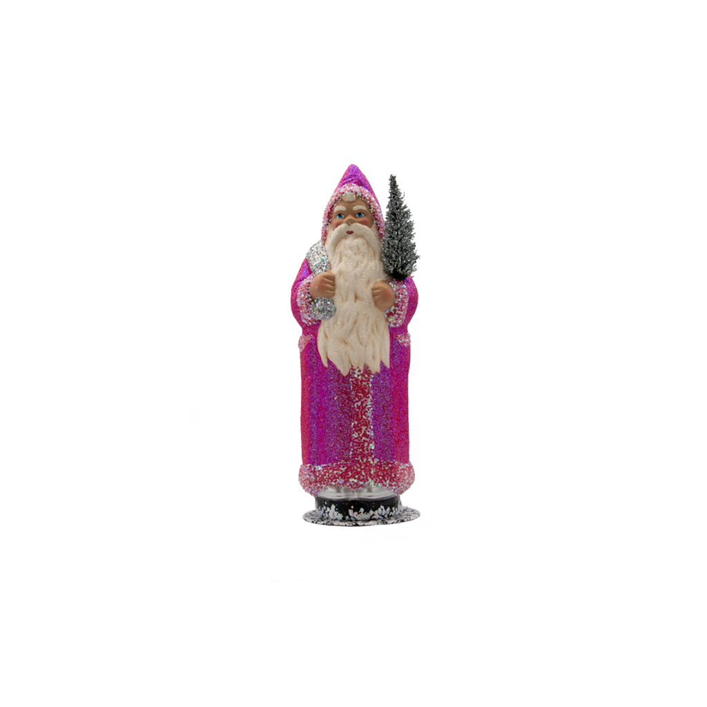 Papiermachéfigur Santa - pink mit Glitter und silbernen Sack