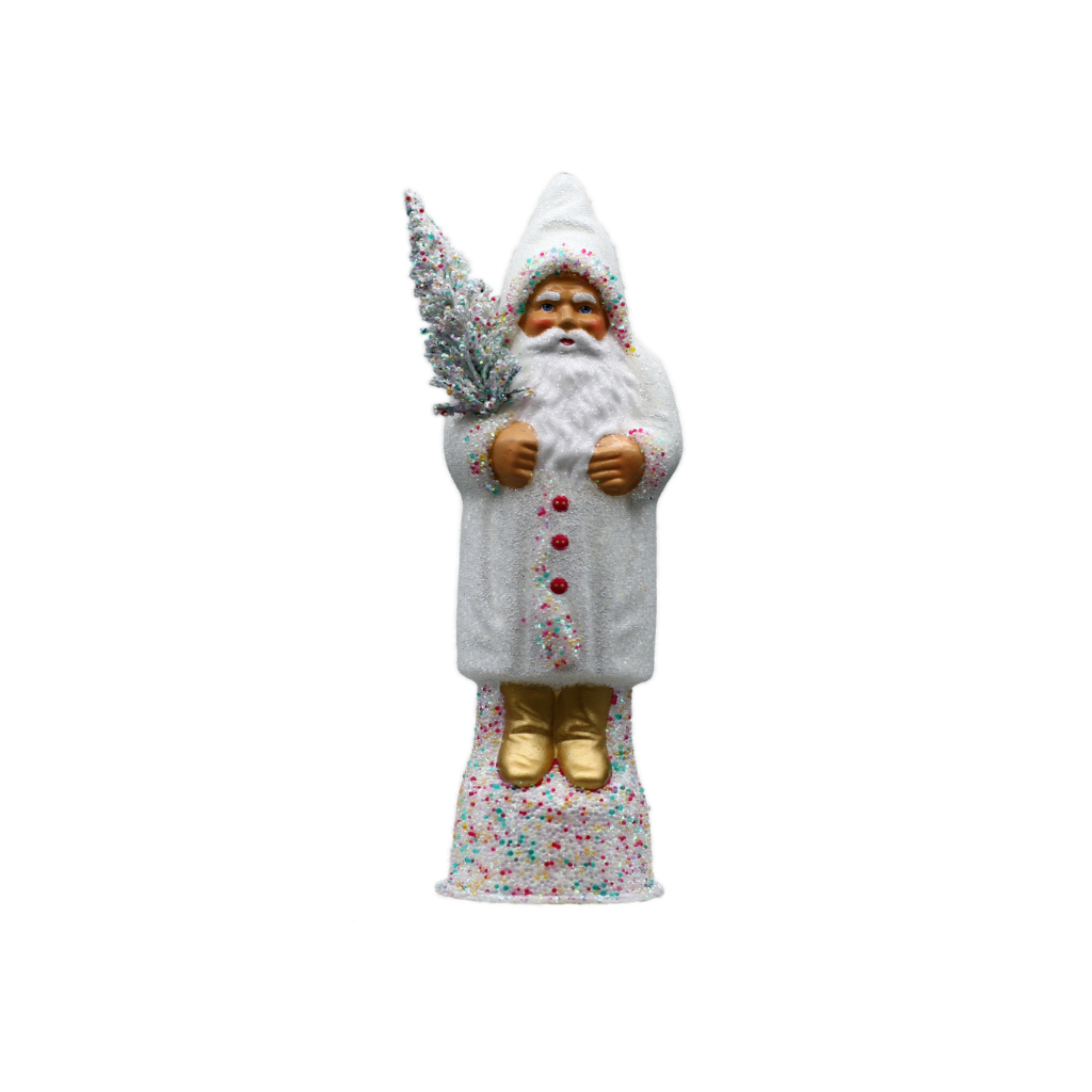 Papiermachéfigur Santa weiß - mit bunten Zuckerperlen und Baum