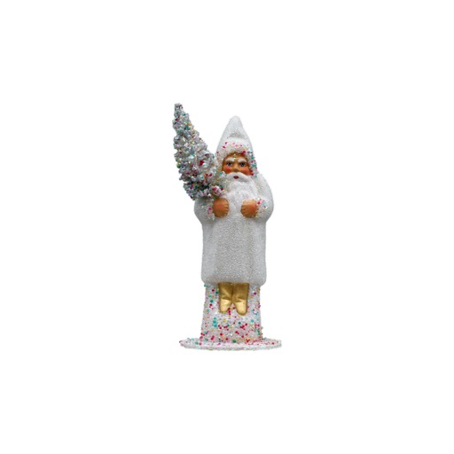 [14261 (15er) - weiß] Papiermachéfigur Santa weiß - mit bunten Zuckerperlen und Baum (H: 15 cm - schmal)