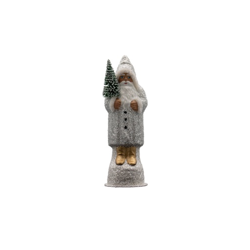 Papiermachéfigur Santa silber - mit Perlen und goldenen Schuhen